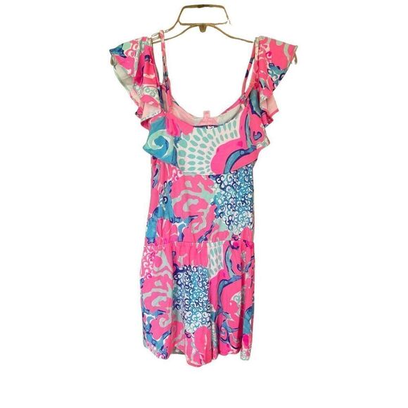 Lilly Pulitzer Womens Pink Cold Shoulder Ruffle Im So Jelly Klea Romper Small - Picture 11 of 11